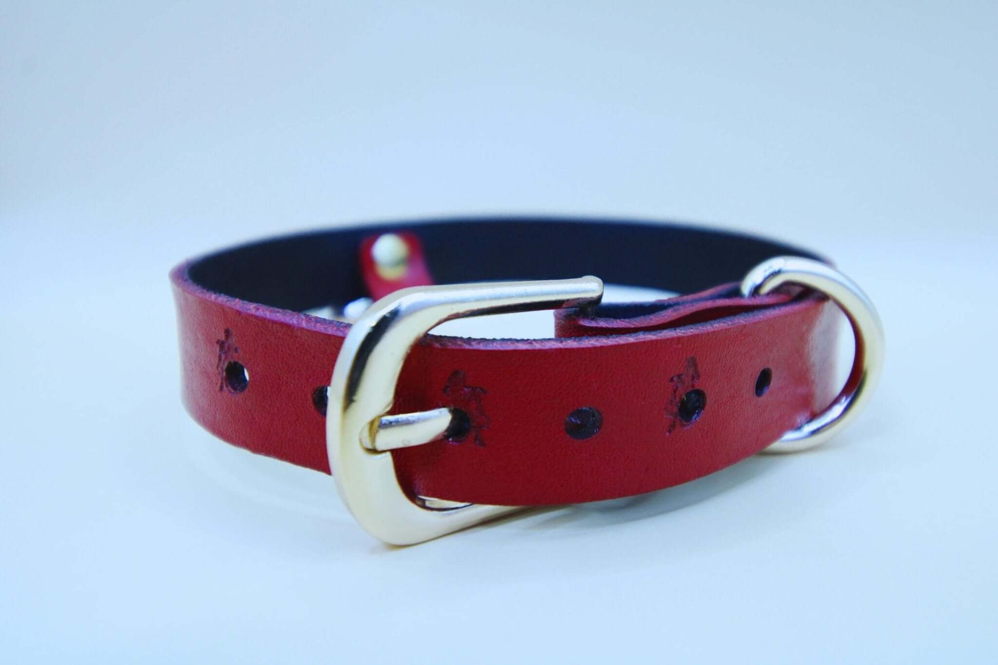 Red leather BDSM collar with gold buckle, perfect for submissive jewelry and stylish bondage gear.