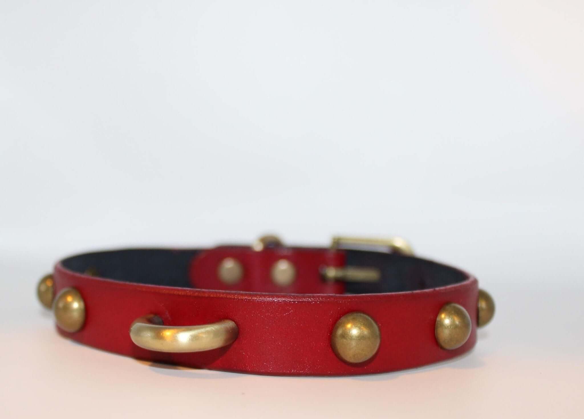 Red studded leather collar with brass D-ring, perfect for BDSM, submissive jewelry, and alternative fashion.