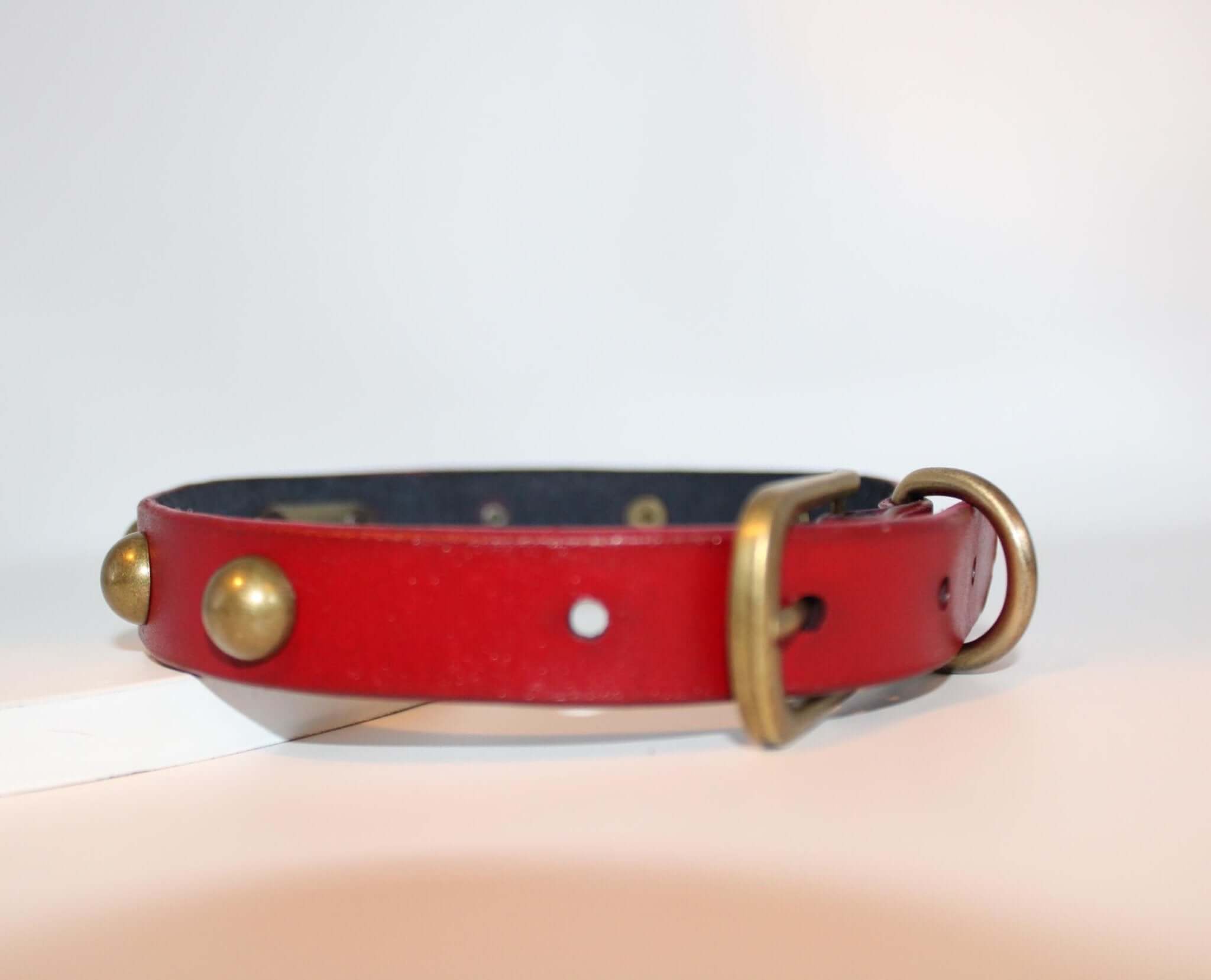 Red leather BDSM collar with antique brass studs and D-ring, perfect for alternative fashion and submissive jewelry.