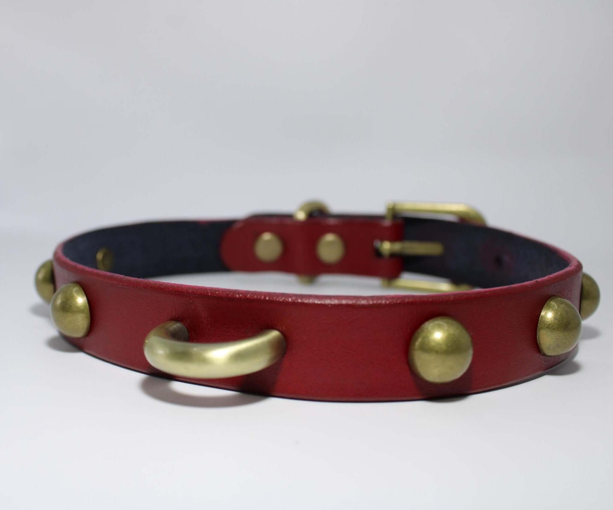 Red leather collar with antique brass dome studs and D-ring, perfect for BDSM and alternative fashion enthusiasts.
