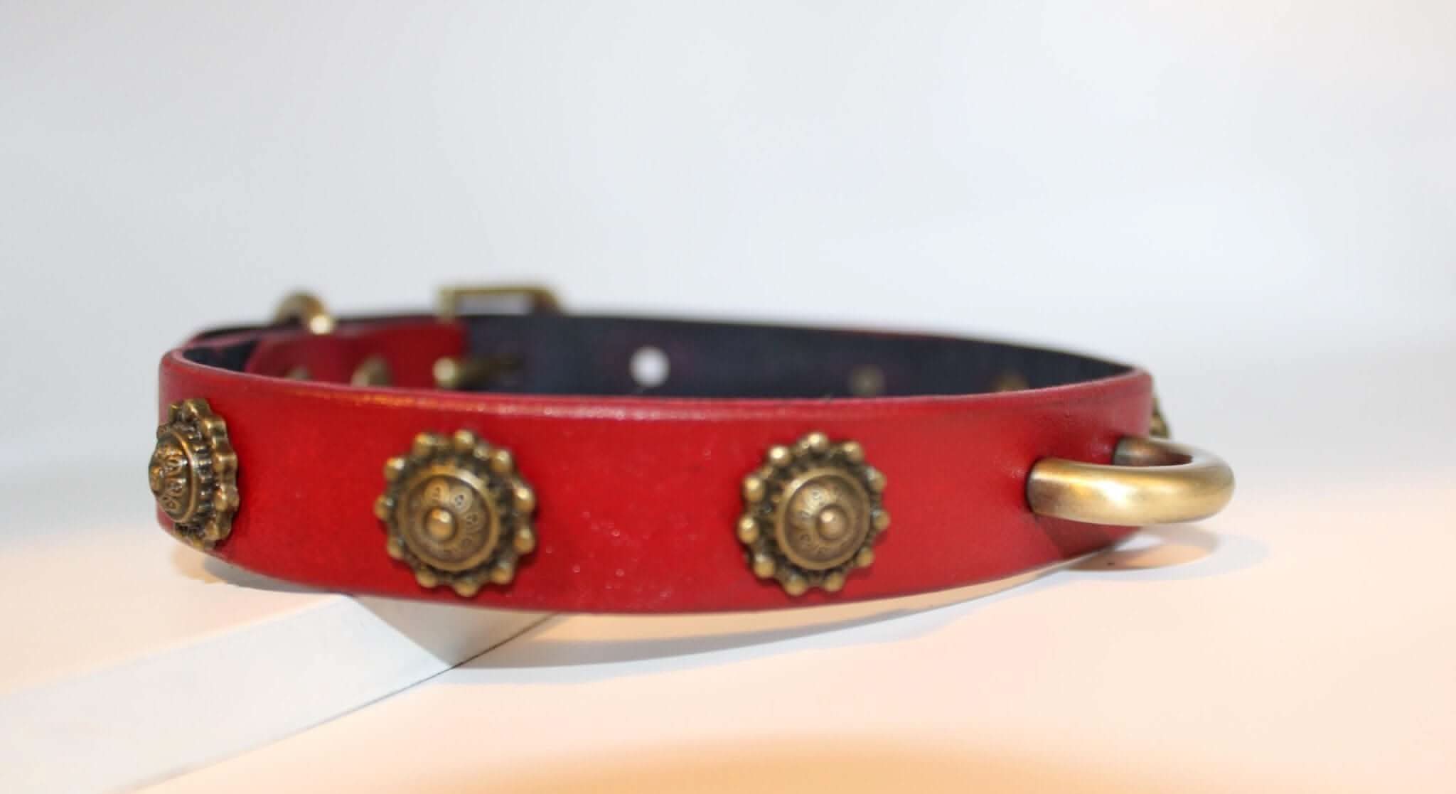 Vintage leather choker with antique studs and gold-tone D-ring, perfect for BDSM and alternative fashion styles.