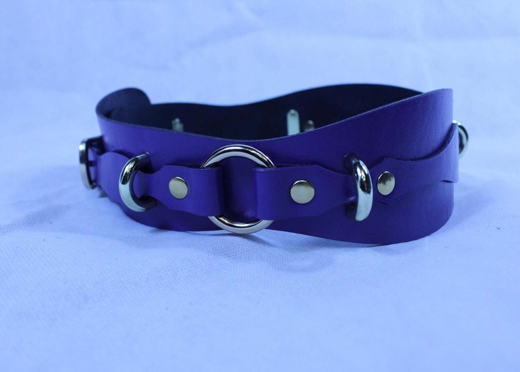 Handmade purple leather restraint belt with D-rings, perfect for BDSM gear and submissive play.