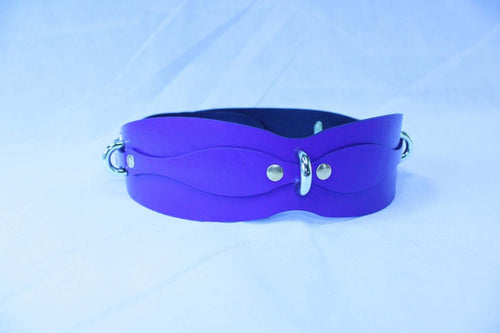 Purple leather restraint belt with D-rings for BDSM play, perfect for submissive jewelry and bondage gear.