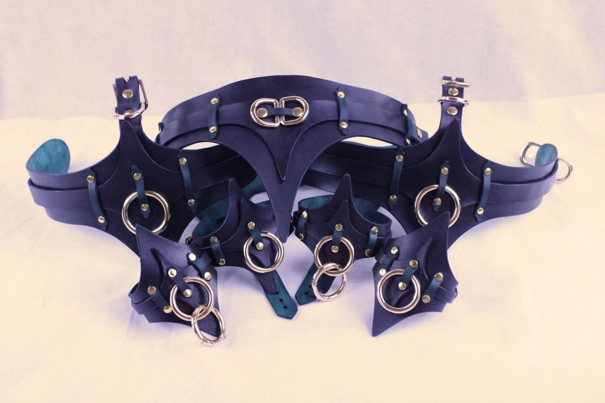 Leather thigh harness and cuffs set featuring premium Italian leather, ideal for BDSM and bondage gear.