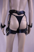 Leather thigh harness and cuffs set showcasing premium BDSM gear for bondage and erotic lingerie.