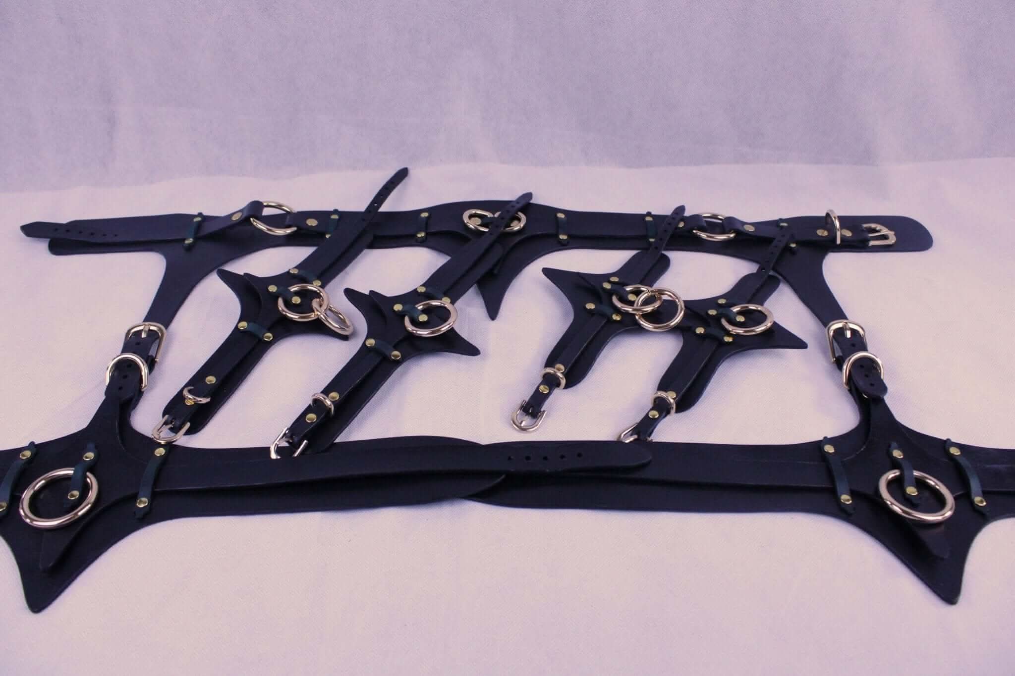 Leather thigh harness and cuffs set designed for bondage and BDSM play, featuring premium quality Italian leather and metal hardware.