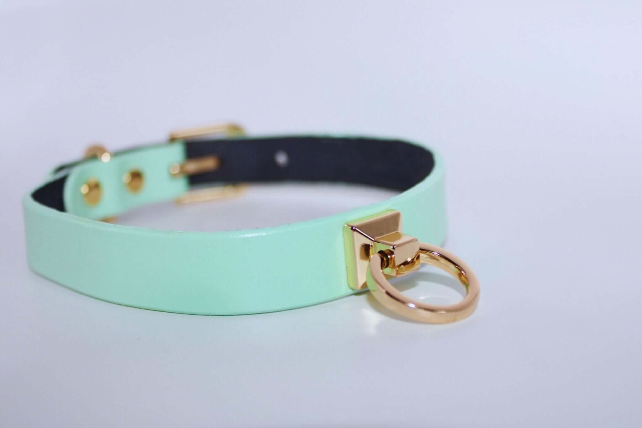 Mint green leather BDSM collar with O-ring, perfect for sub collar lovers and bondage fashion.