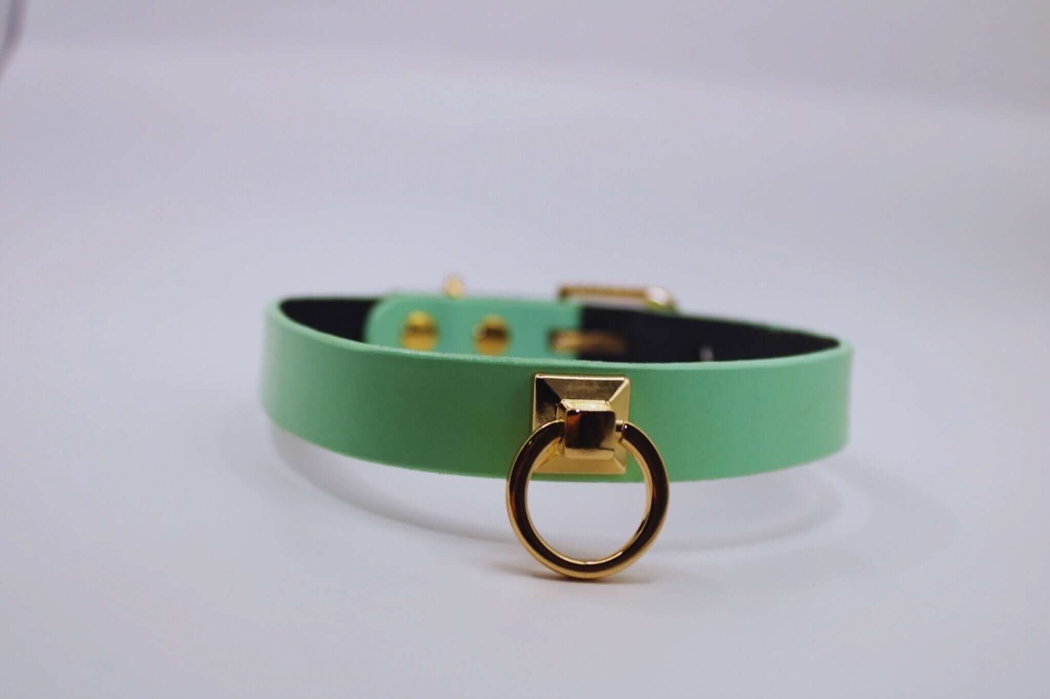 Mint green leather BDSM collar with gold O-ring, perfect for submissive jewelry and fashion statements.