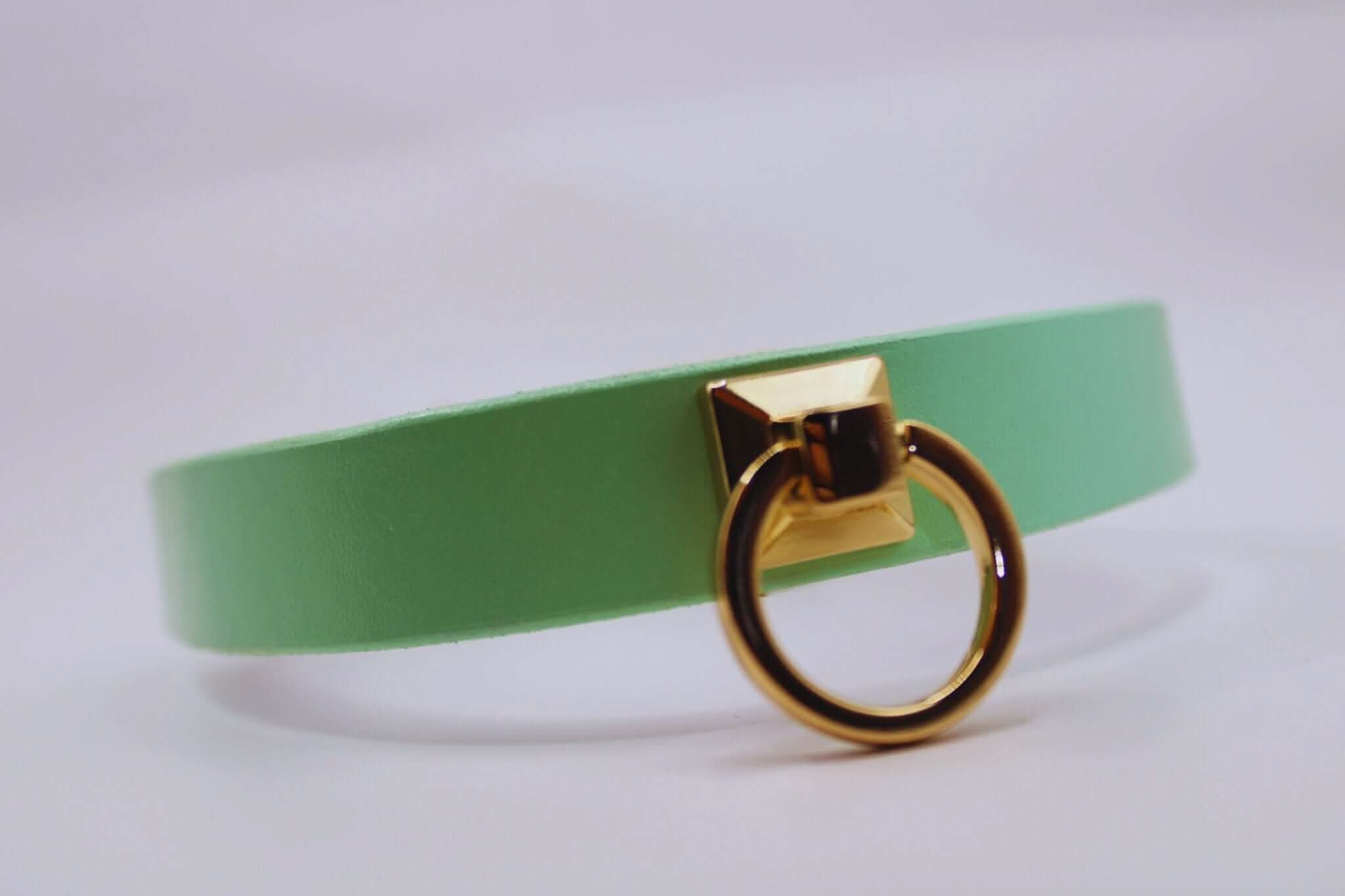 Mint green leather BDSM collar with gold O-ring, perfect for submissive jewelry and stylish bondage gear.