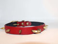 Red spiked BDSM collar with metallic spikes and O-ring, perfect for punk, bondage, and alternative fashion.