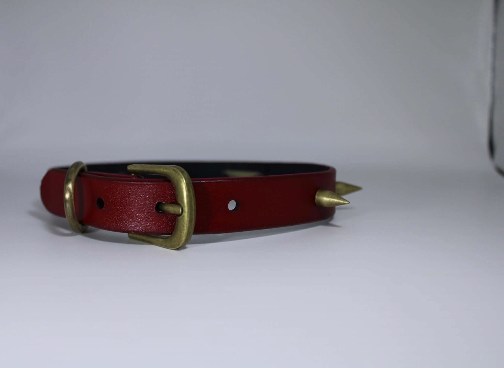Spiked red leather BDSM collar with gold O-ring, perfect for punk fashion, submissive play and bondage accessories.