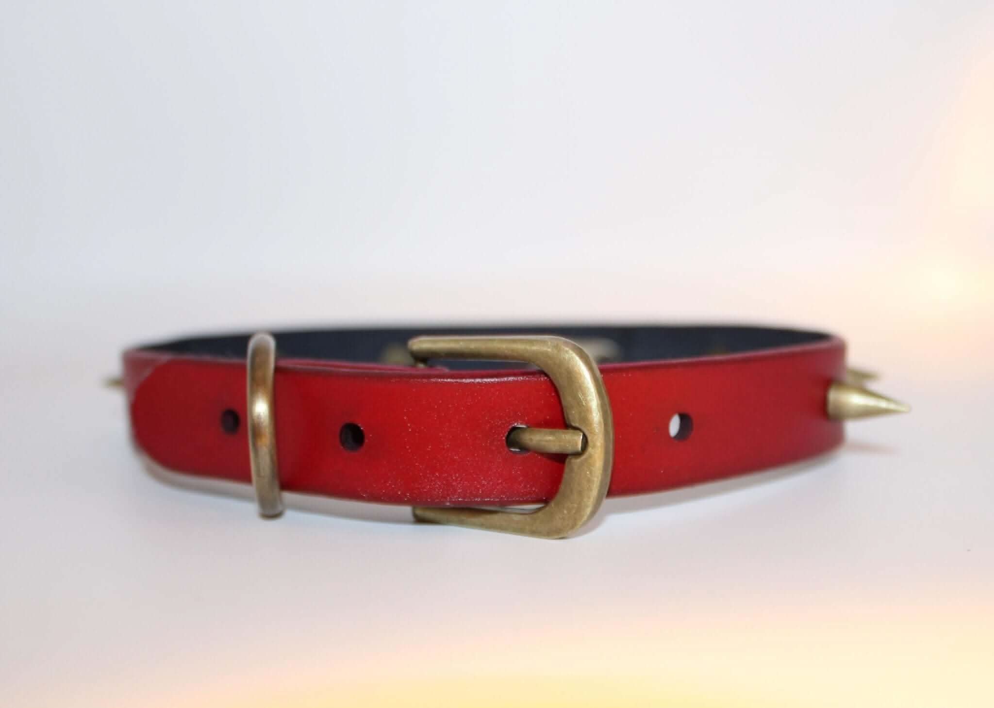 Red spiked choker collar with brass buckle, perfect for BDSM, punk, and alternative fashion enthusiasts.