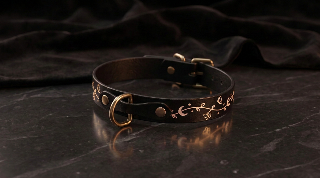 A black leather collar with a gold-colored metal buckle and floral design on a dark background.