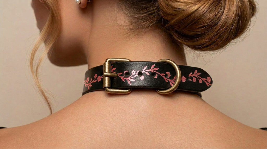 A close-up view of a woman's neck and chin area, focusing on a black leather choker necklace with a floral pattern and a gold-colored buckle.
