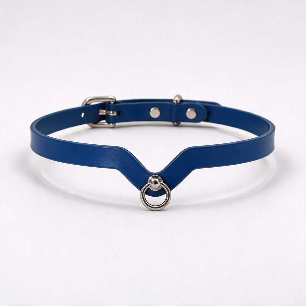 A blue leather choker necklace with a metal ring and buckle.
