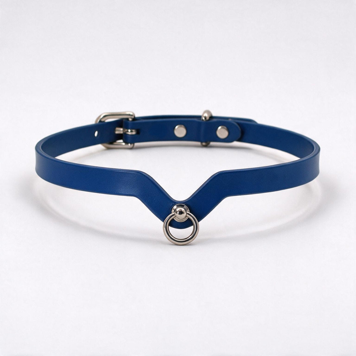 A blue leather choker necklace with a metal ring and buckle.
