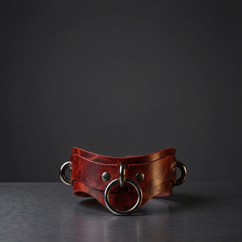 A red leather collar with metal rings and a metal buckle is displayed against a dark background.