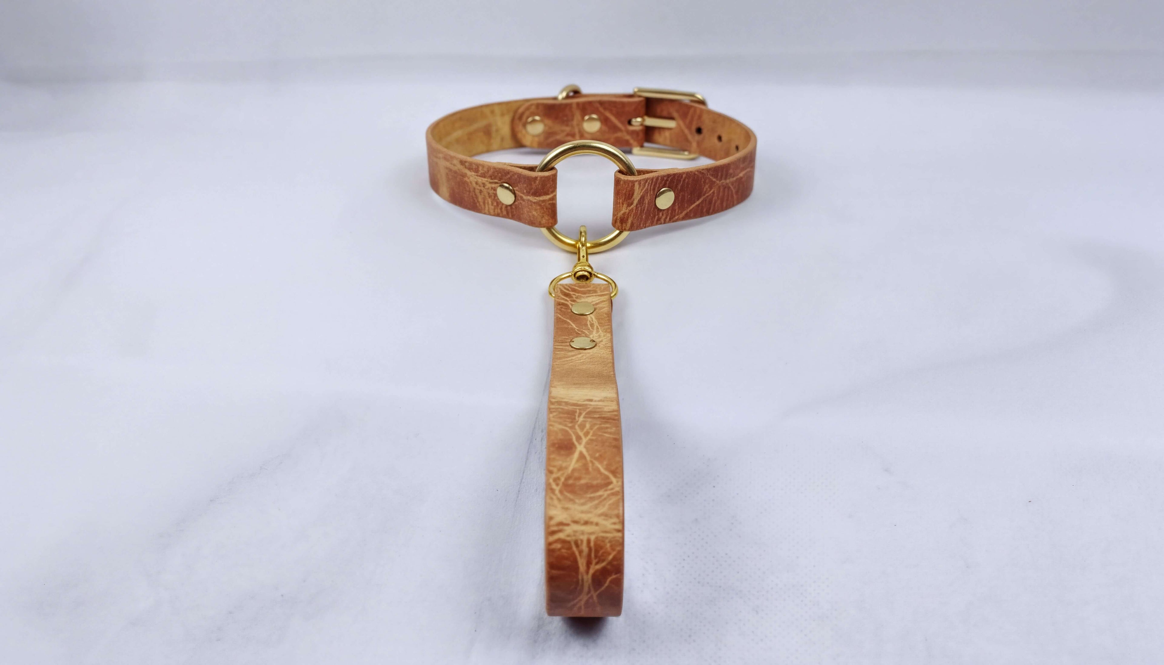 A tan leather collar with a gold-colored metal ring and a dangling leather handle attached to it.