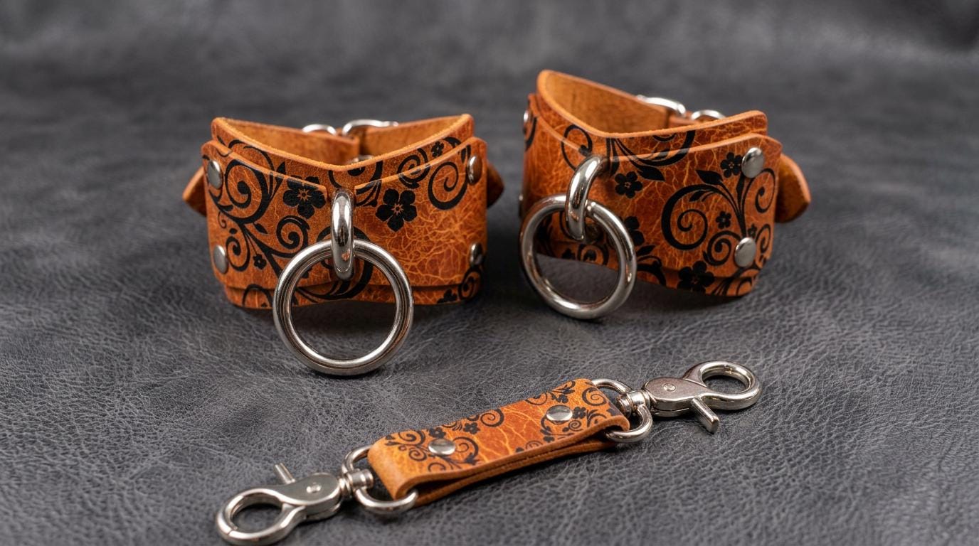 a pair of leather straps with metal rings and a leather strap with metal rings, all placed on a dark surface.