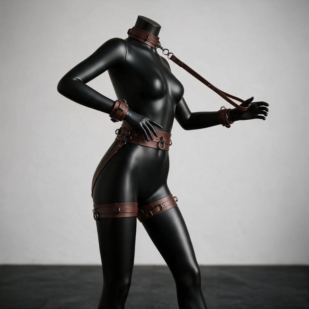 A mannequin wearing a black leather outfit with straps and chains, posing in a studio setting.