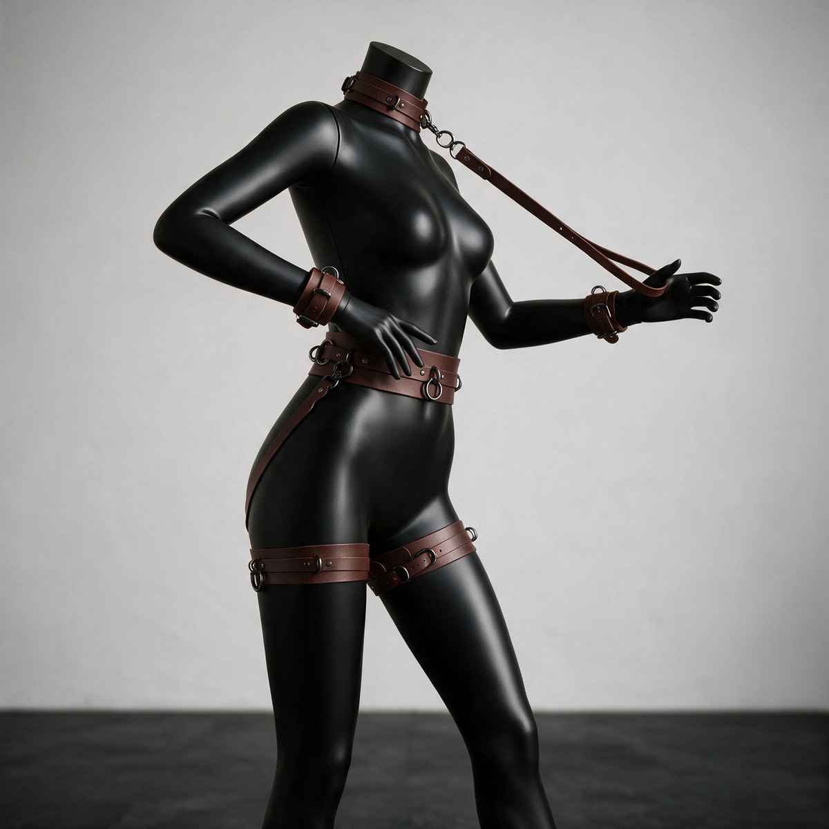 A mannequin wearing a black leather outfit with straps and chains, posing in a studio setting.