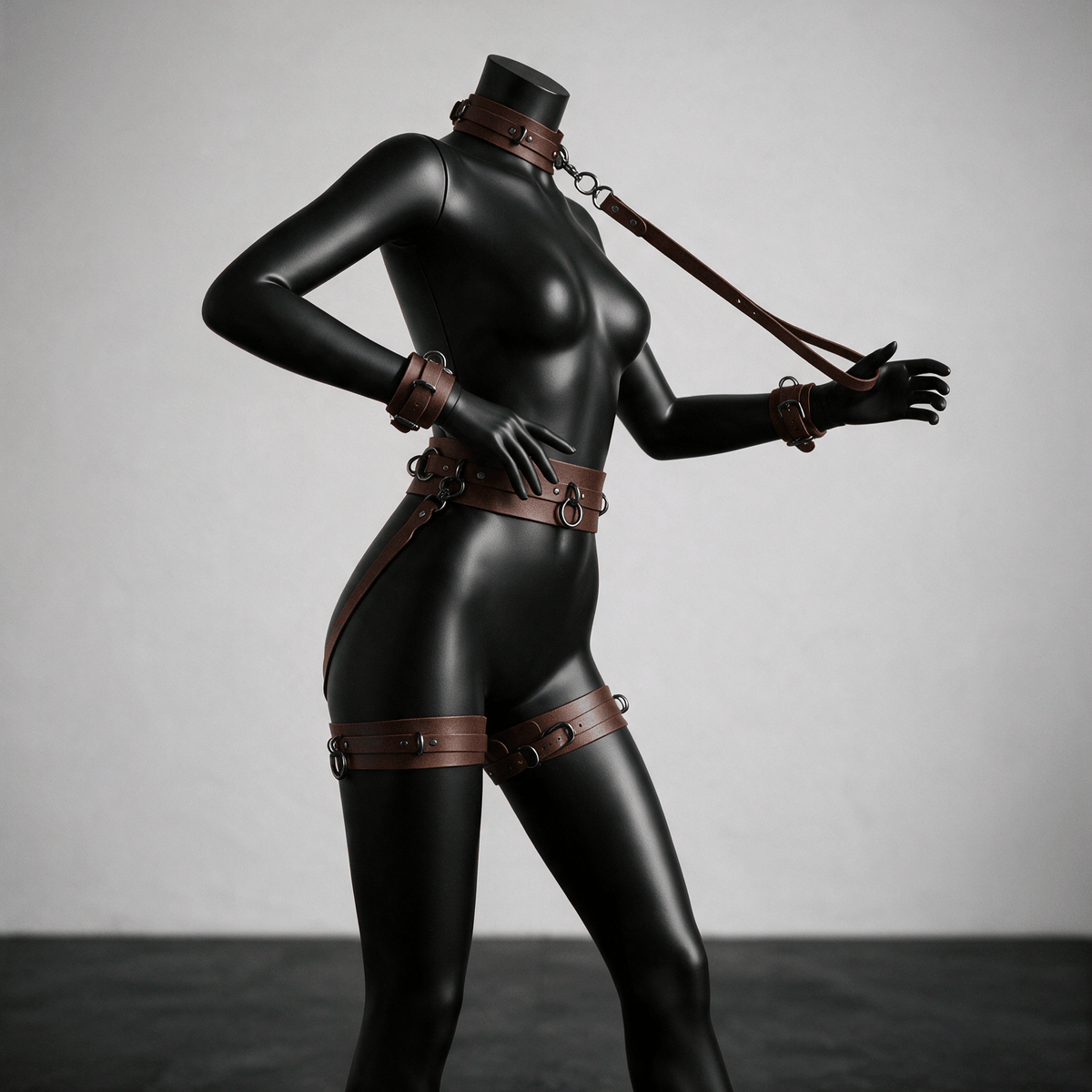 A mannequin wearing a black leather outfit with straps and chains, posing in a studio setting.