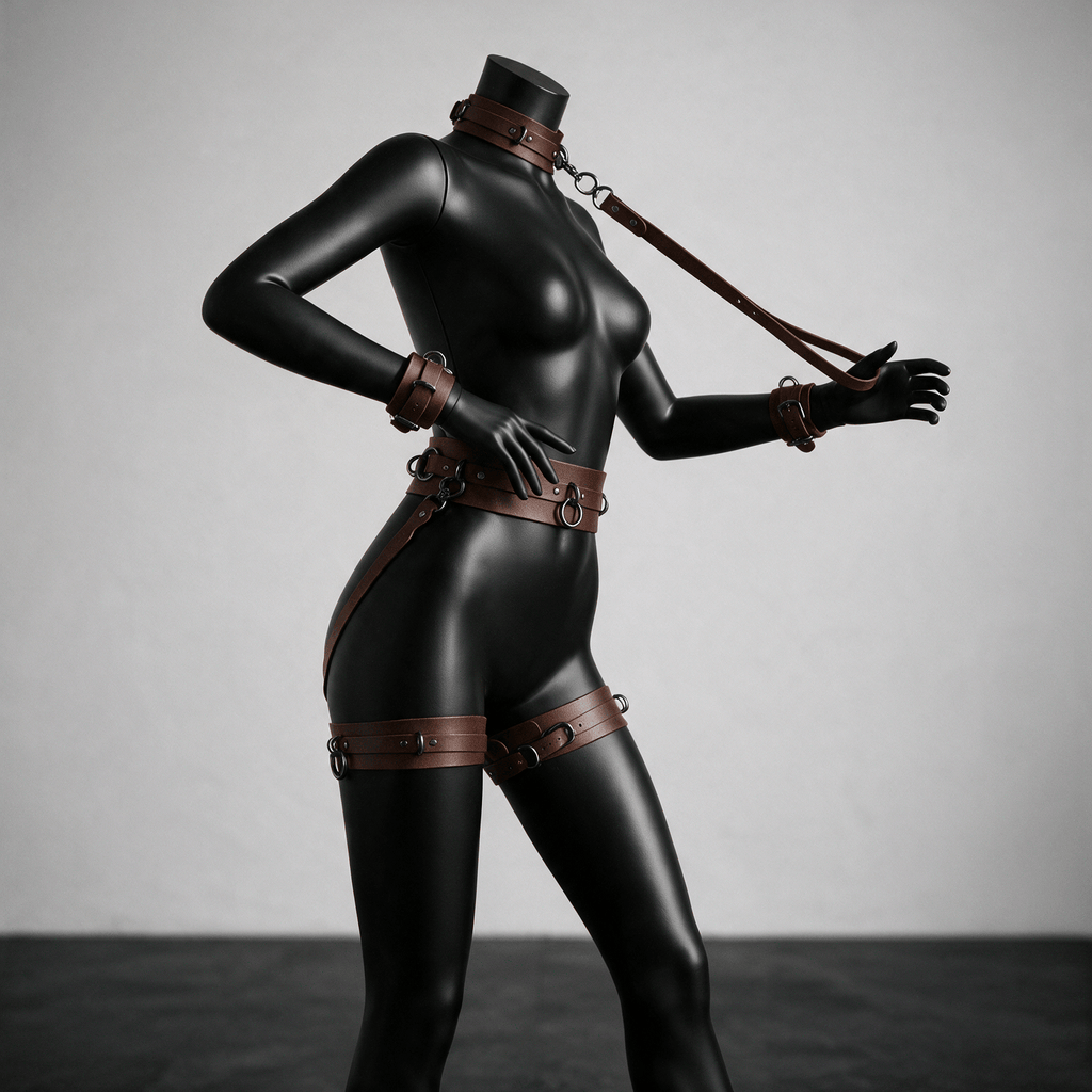 A mannequin wearing a black leather outfit with straps and chains, posing in a studio setting.