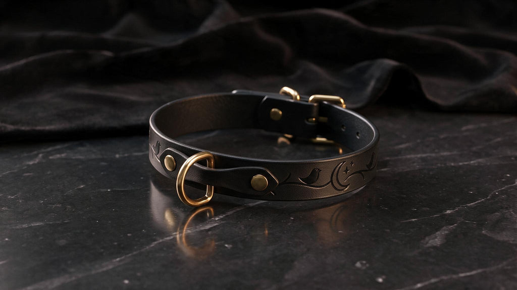 A black leather collar with a gold-colored buckle and a decorative design on the surface it is placed on.