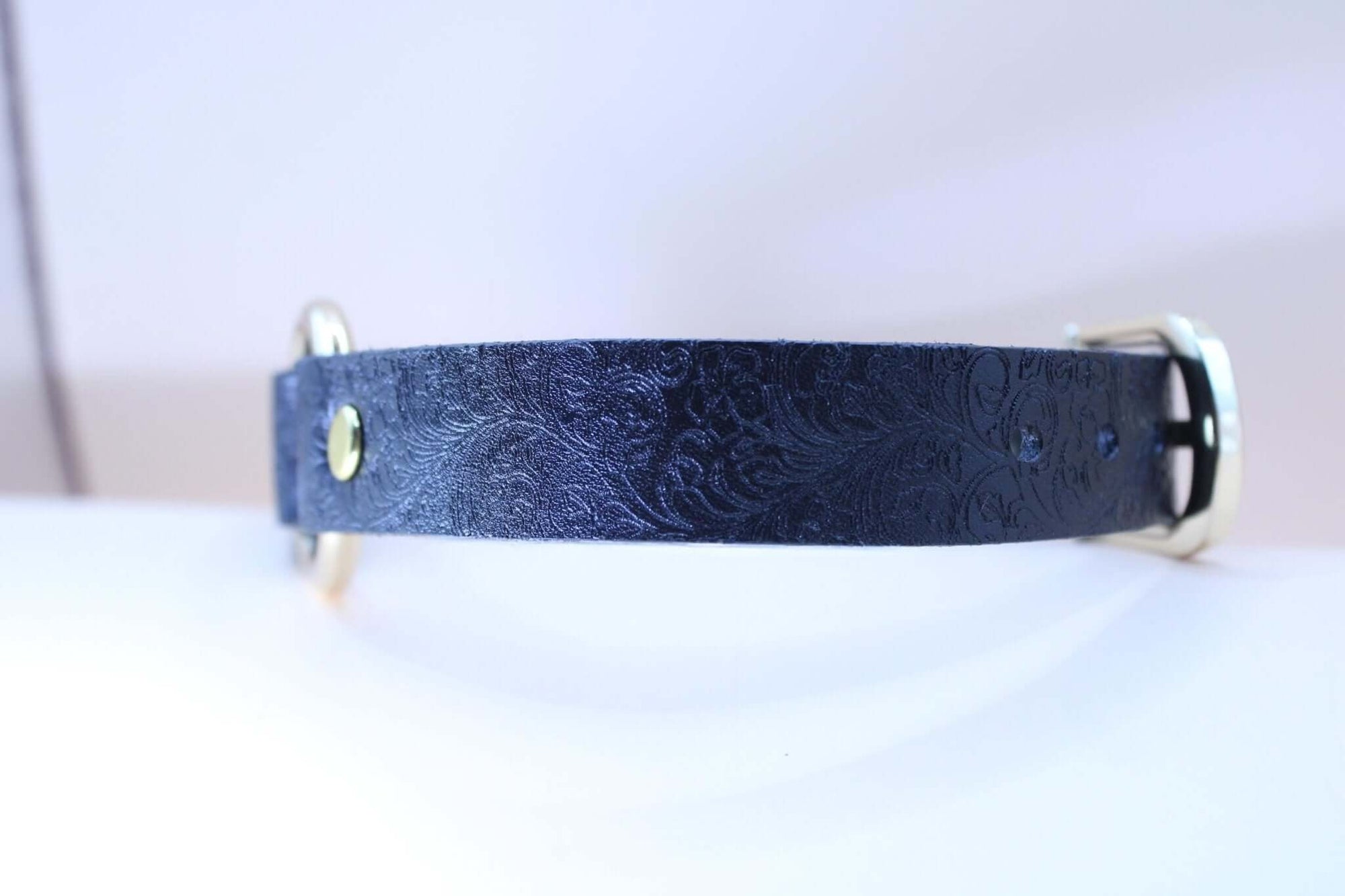 Elegant black embossed floral texture BDSM sub collar, perfect for submissive jewelry and D/s dynamics.