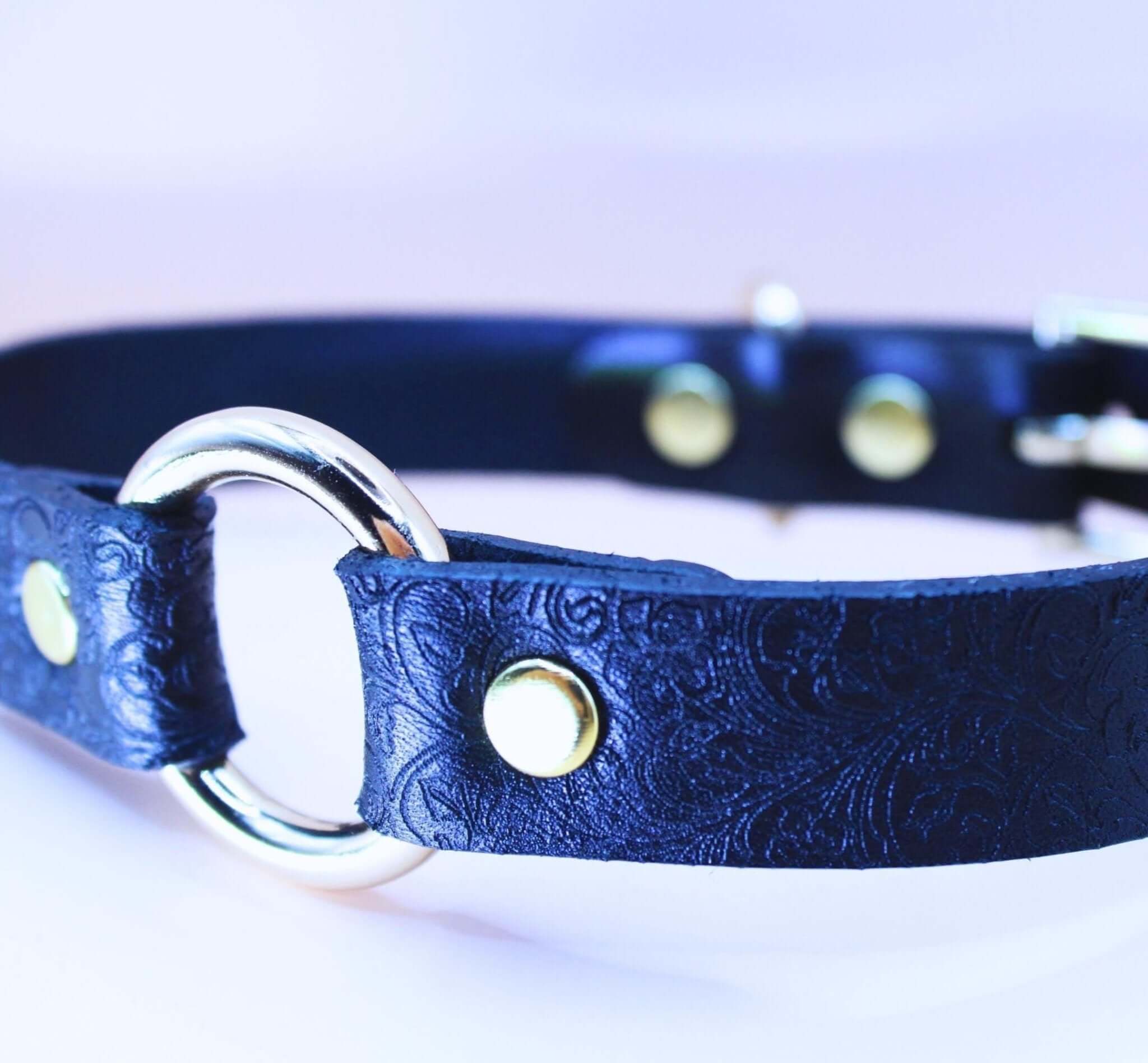 Elegant black BDSM sub collar with floral texture, perfect as submissive jewelry or discreet day collar.