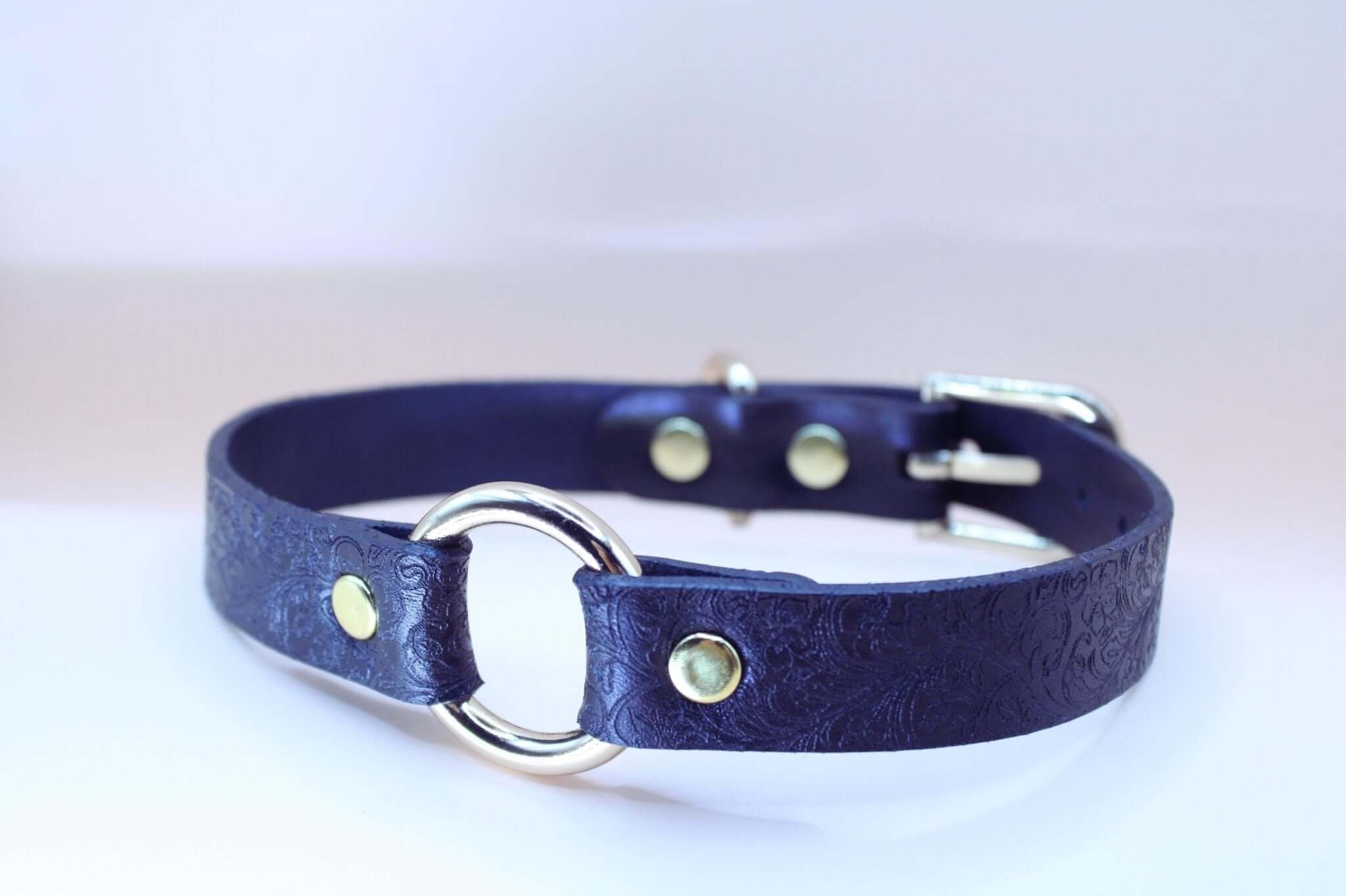 Elegant black leather BDSM collar with embossed floral texture, perfect submissive jewelry and discreet day collar.