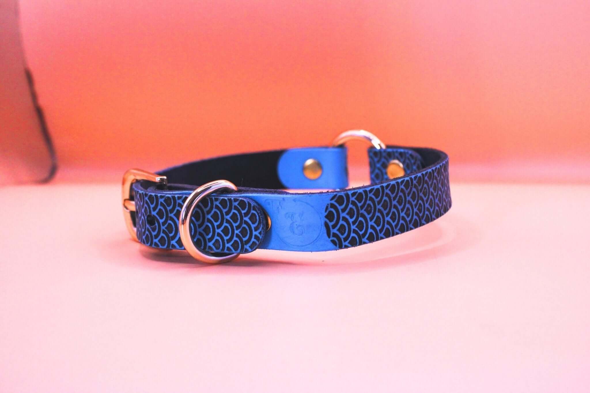 Blue leather choker collar with intricate design, perfect for discreet daywear and BDSM accessories.