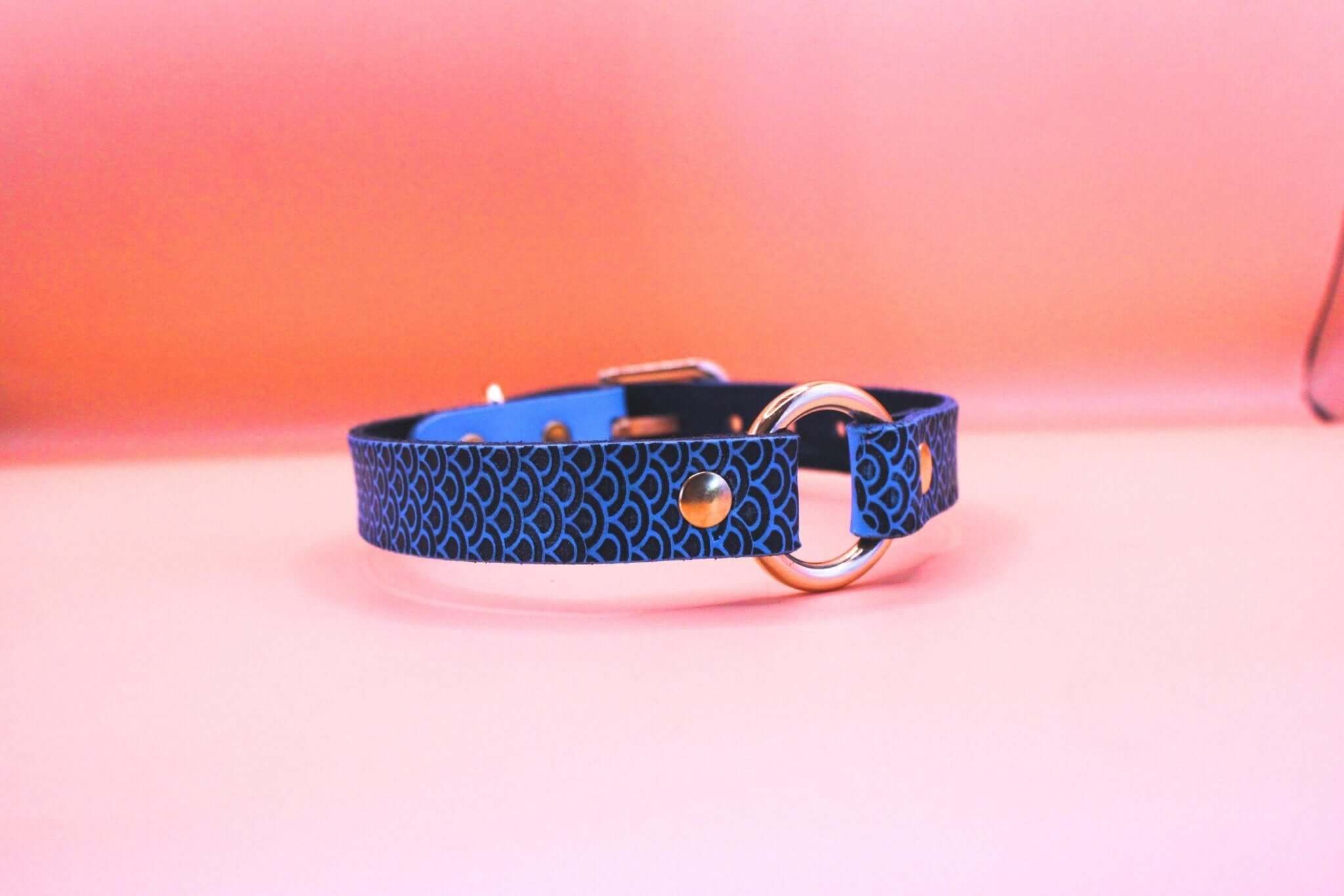 Handcrafted blue leather choker collar, perfect as a submissive necklace or discreet day collar for BDSM fashion.