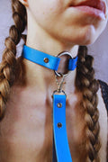 Blue leather choker with leash, a discreet collar for BDSM and submissive jewelry.