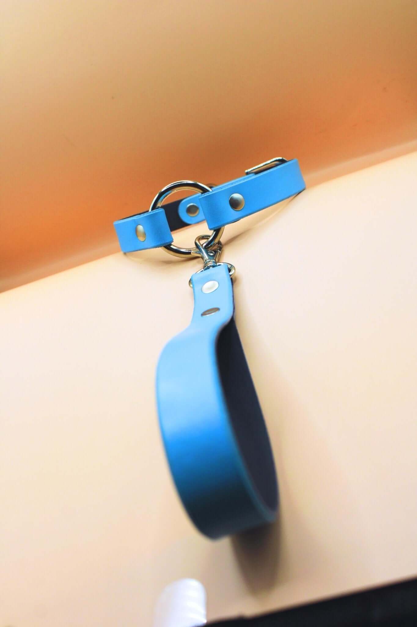 Blue leather submissive collar with matching leash, perfect for discreet day use and BDSM themes.