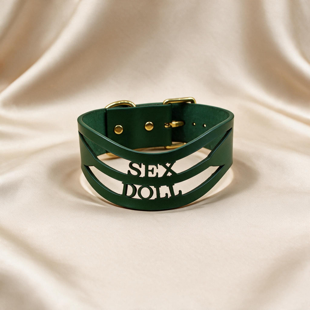 A green leather choker necklace with the word "SEX" printed on it.