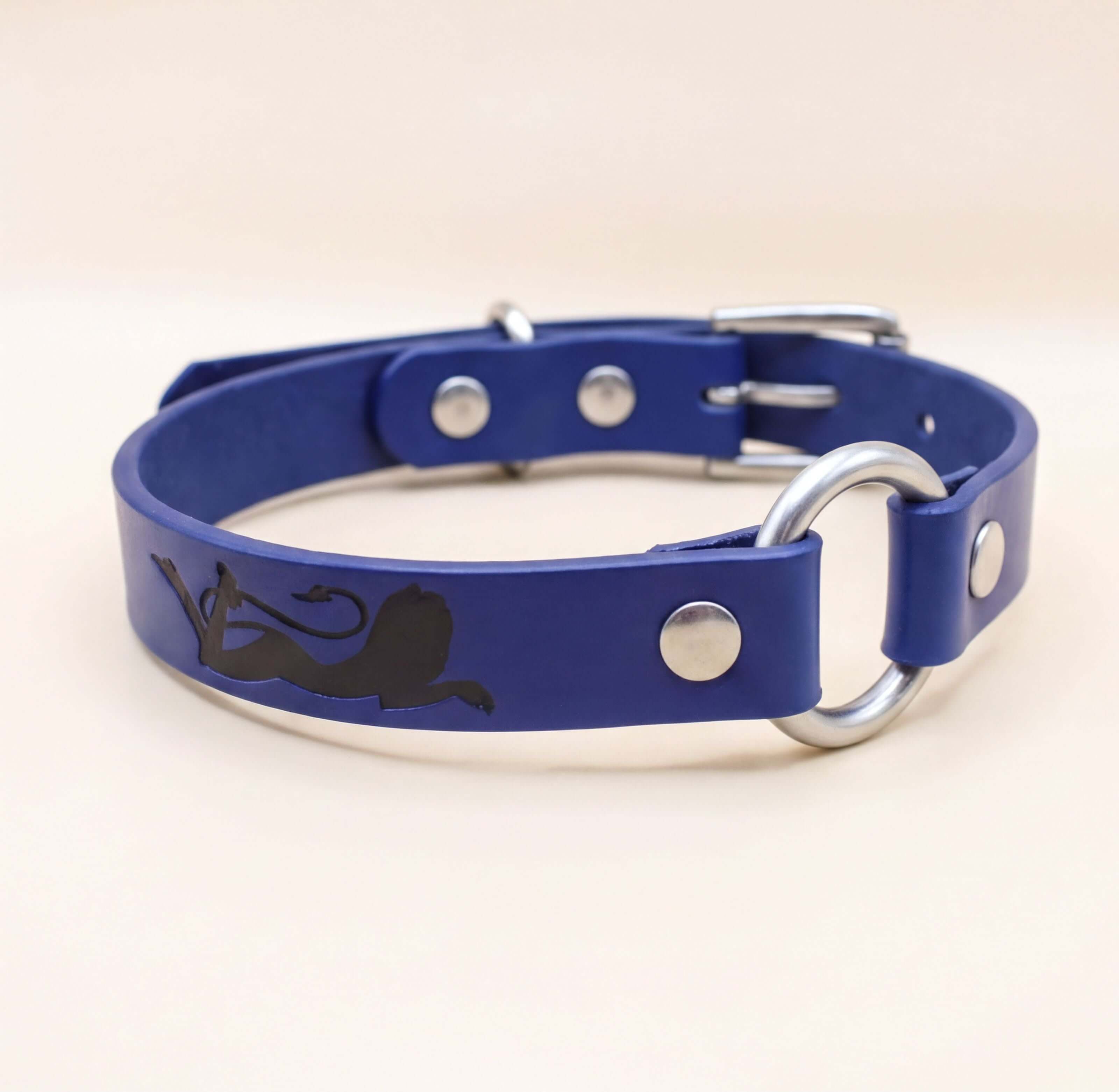 A blue leather dog collar with a silver buckle and a black silhouette of a dog.