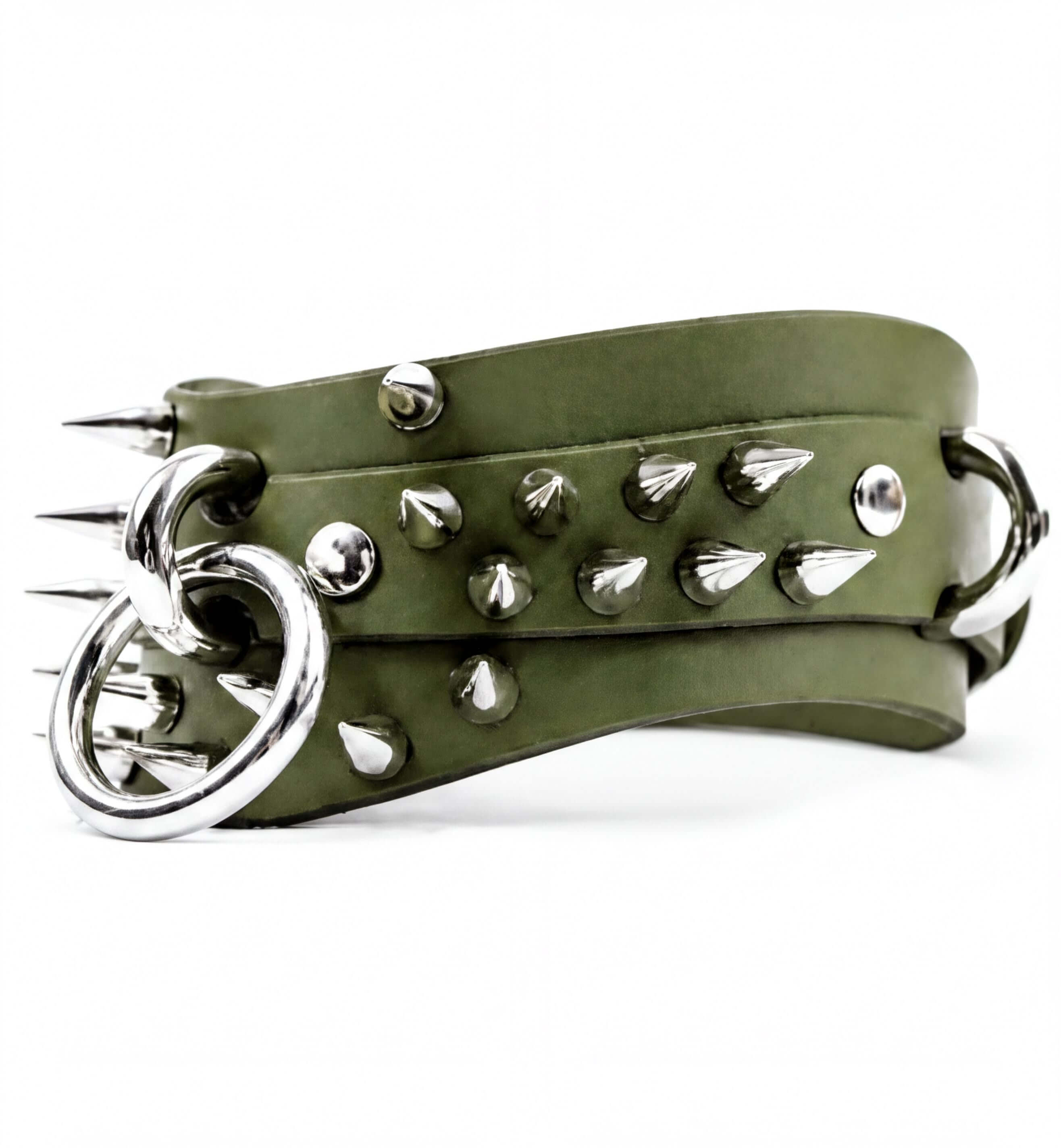 A green leather belt with silver spikes protruding from it.