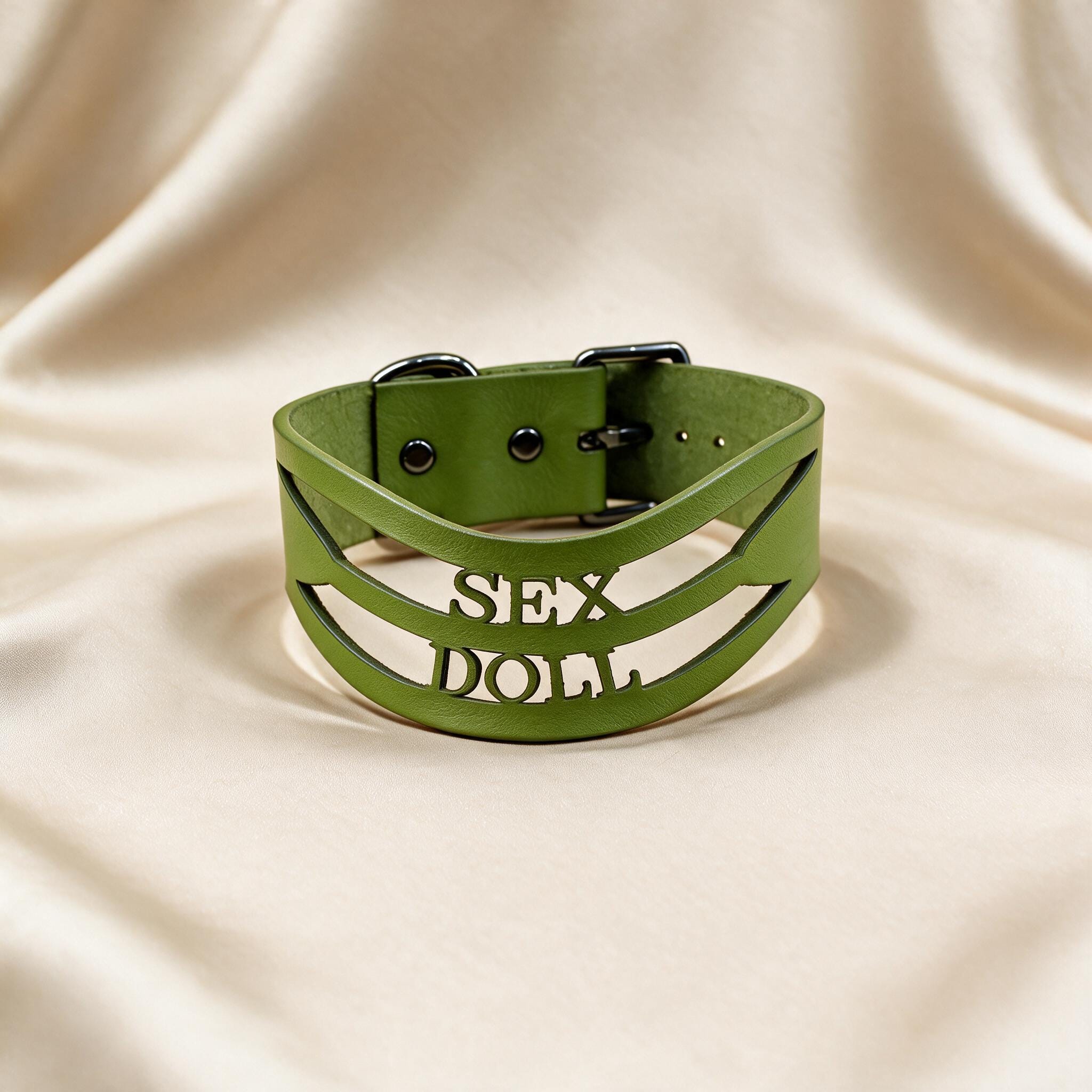 A green leather choker necklace with the word "SEX" printed on it.