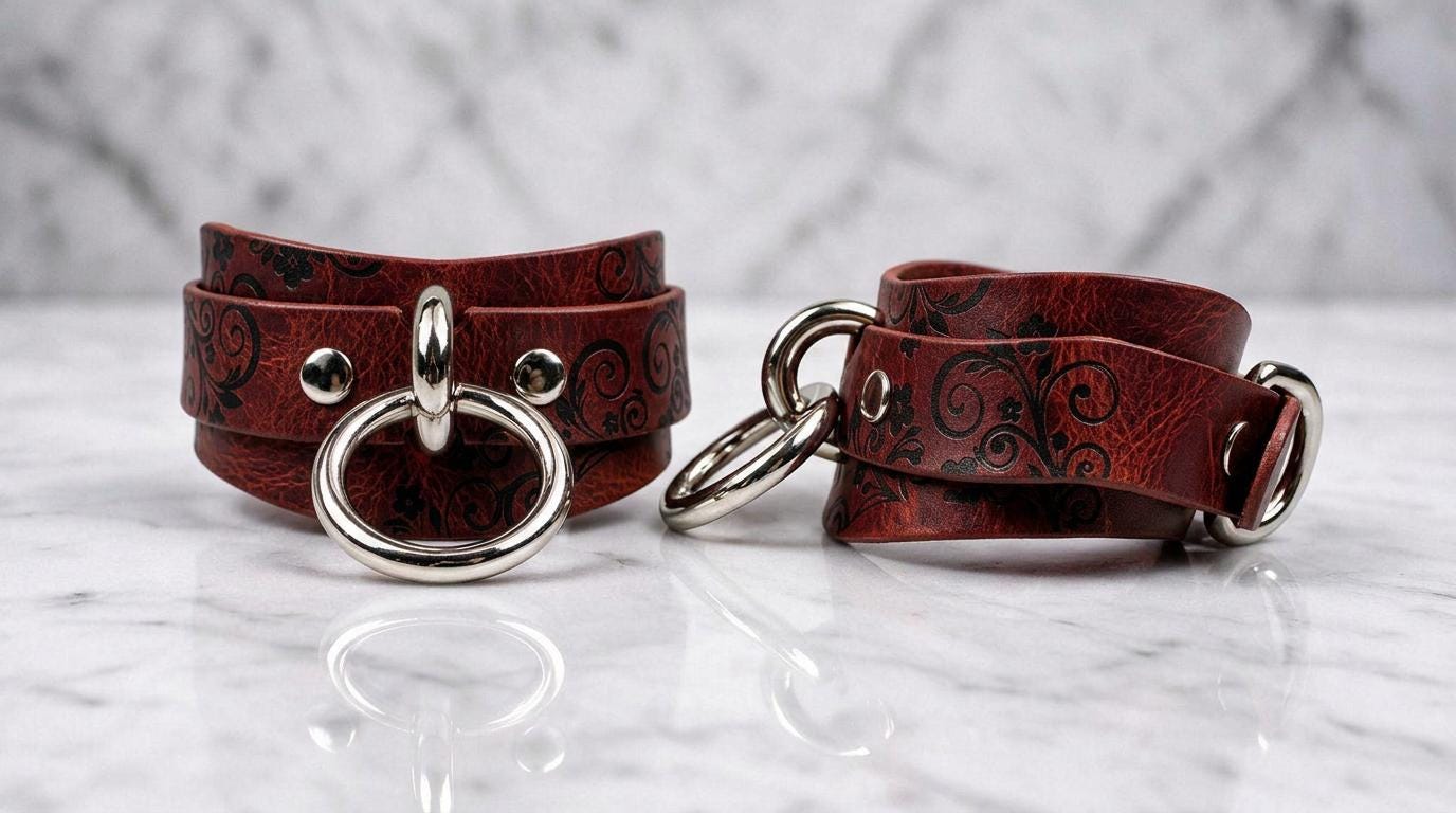 Two red leather straps with metal rings and buckles are displayed on a marble surface.