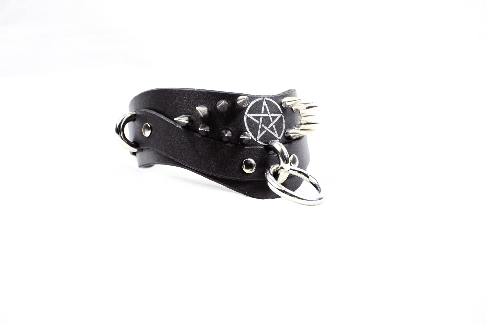 Pentagram BDSM Collar with silver spikes and pentagram emblem, handcrafted black leather choker.