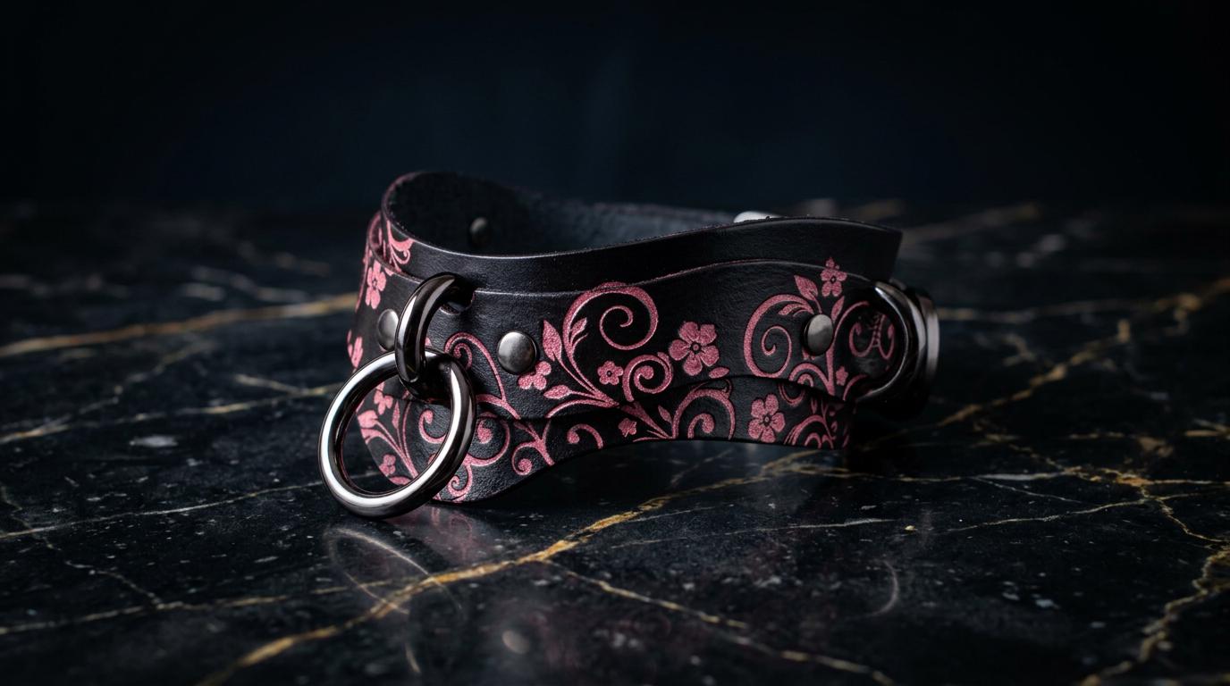 A black leather choker necklace with a floral pattern and metal rings is displayed on a black marble surface.