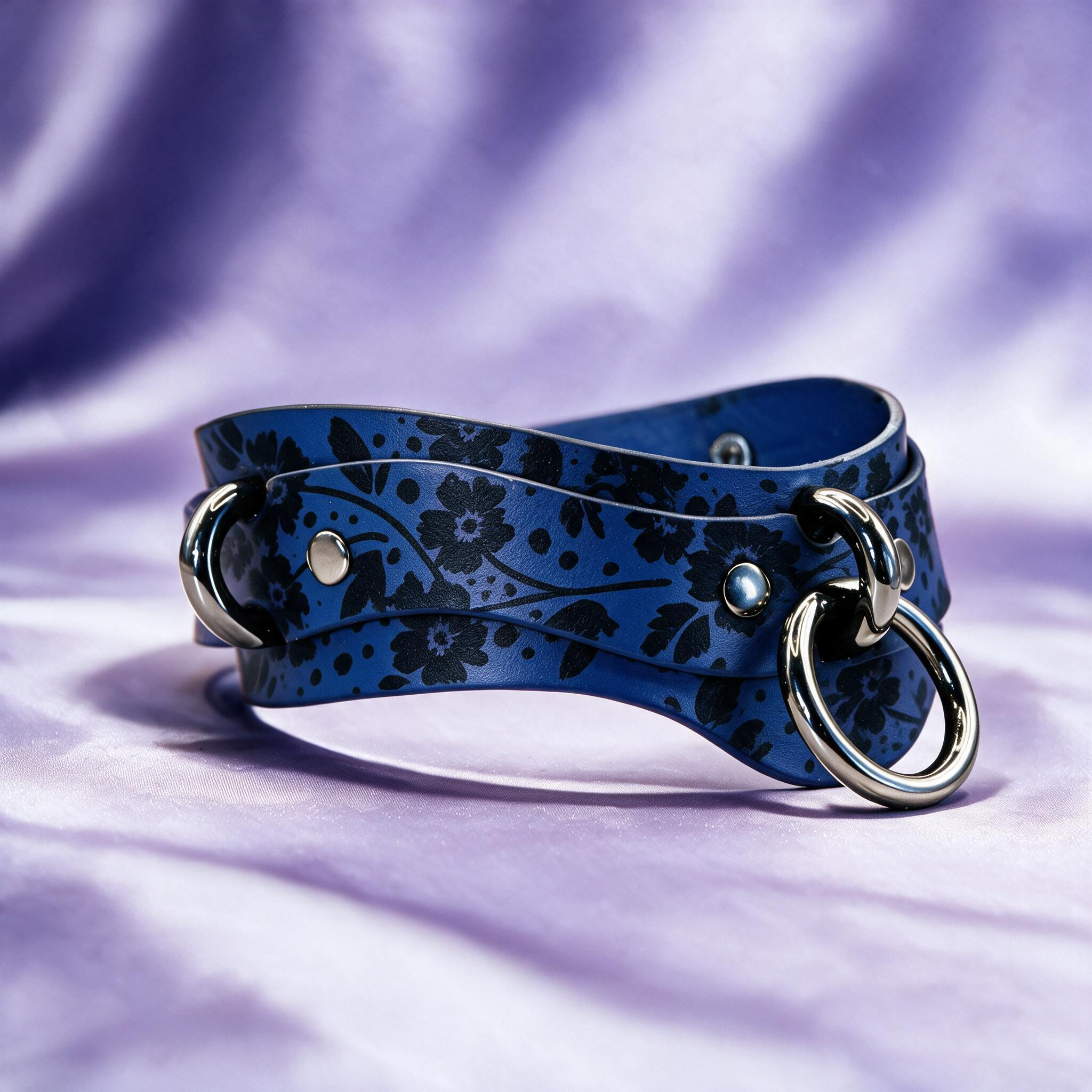 A blue floral choker necklace with metal rings and a metal clasp is displayed against a purple background.