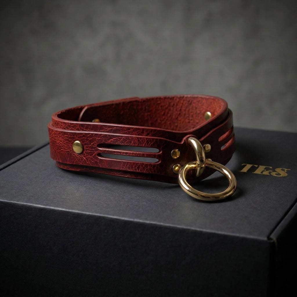 A burgundy leather choker collar with a gold-colored metal ring and buckle is displayed on a black box with the text "TES" printed on it.