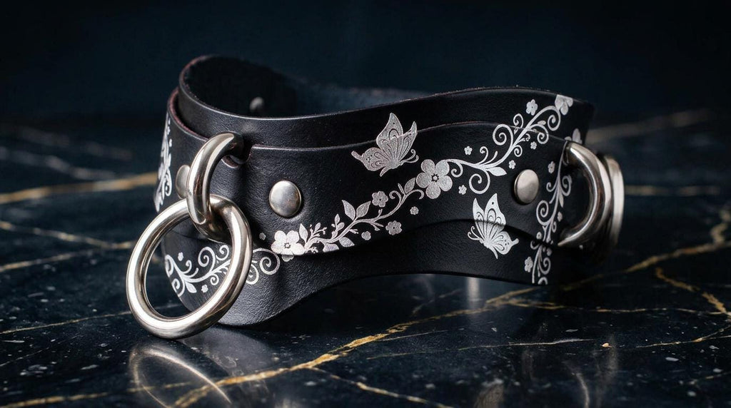 A black leather choker necklace with silver metal rings and a floral design on the clasp.