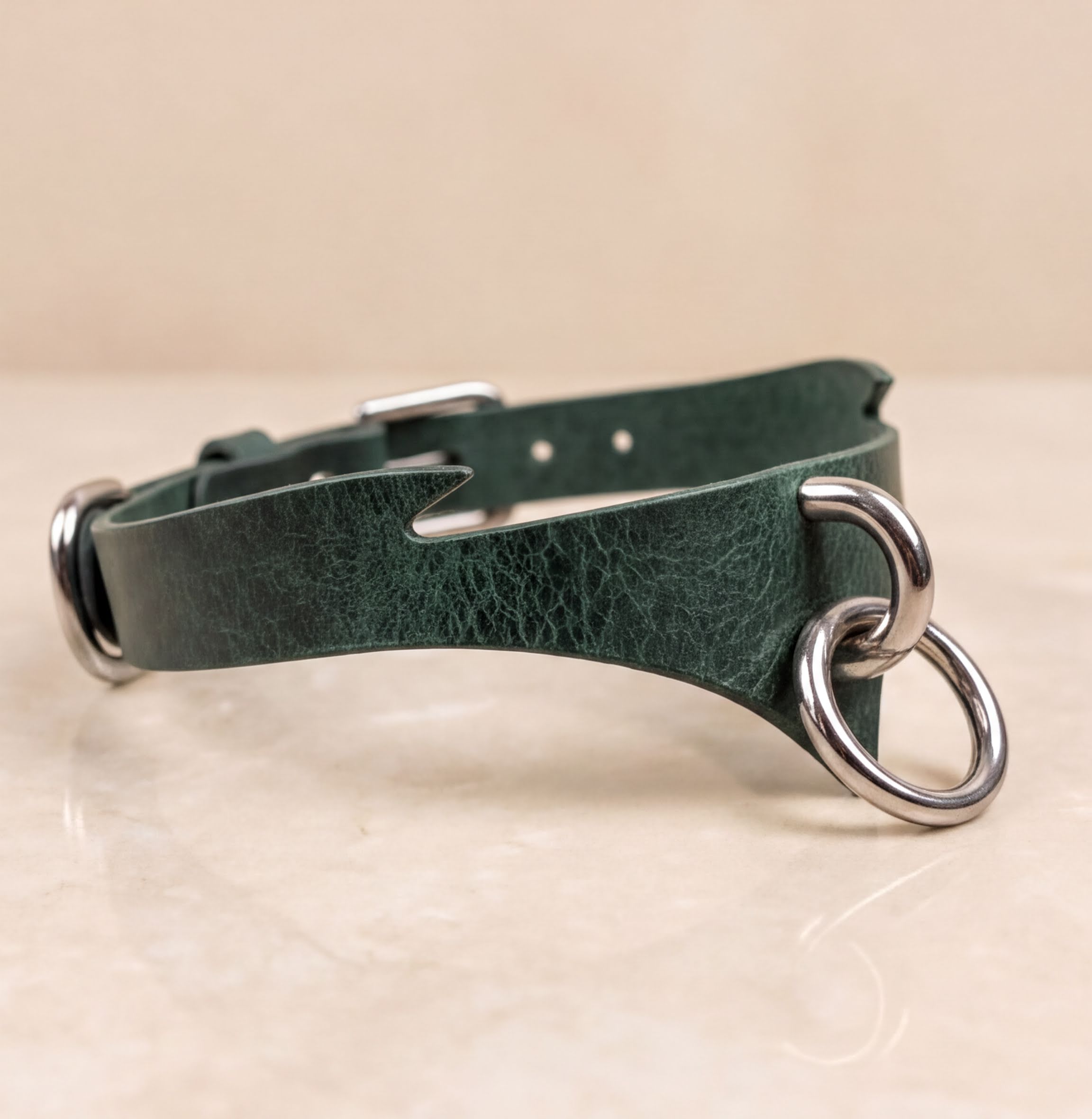 A green leather choker necklace with metal rings and a metal buckle.