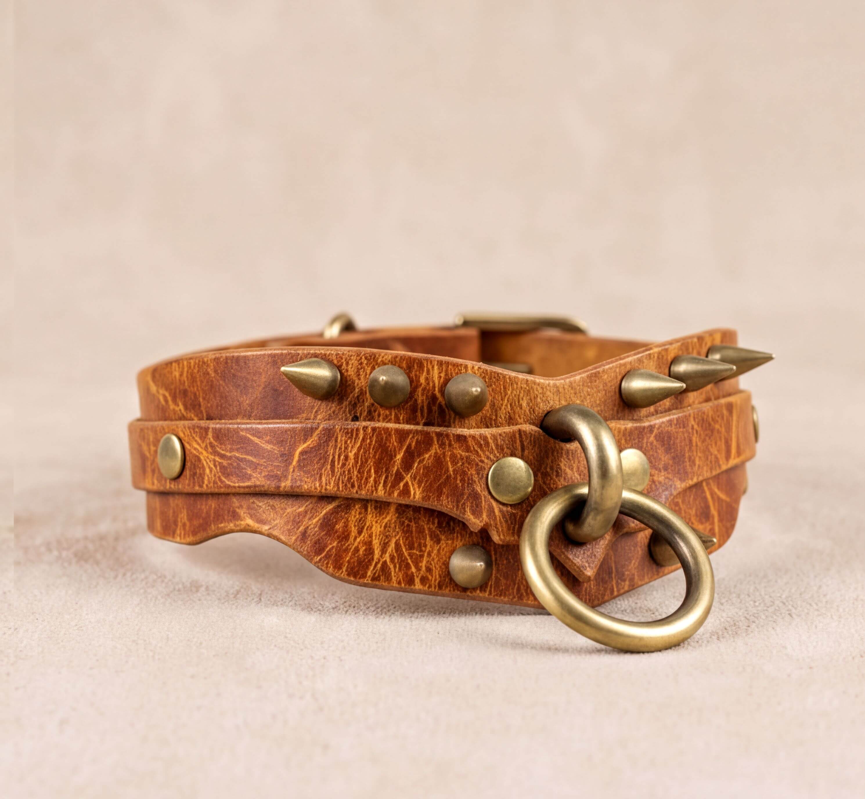 A brown leather collar with metal studs and a metal ring attached to it.