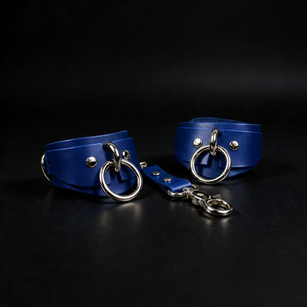 A pair of blue leather wrist restraints with metal rings and buckles, placed on a dark background.