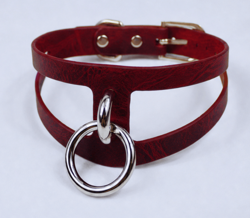 A red leather choker necklace with a silver ring and buckle.