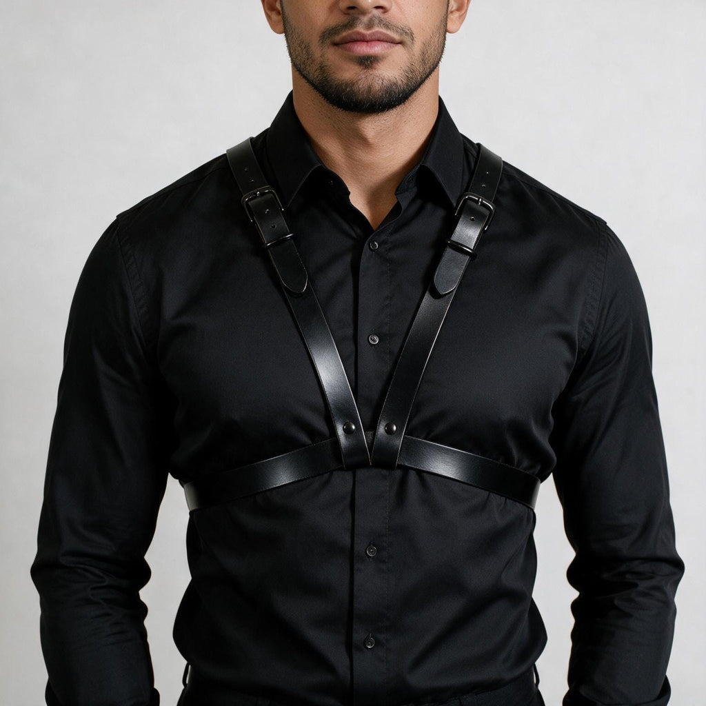A man wearing a black shirt with a leather harness strap across his chest.